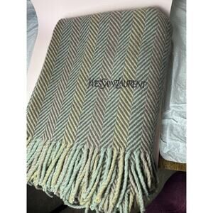 Yves Saint Laurent Wool Square Wrap Scarf Brown Taupe Gray Herringbone Fringe